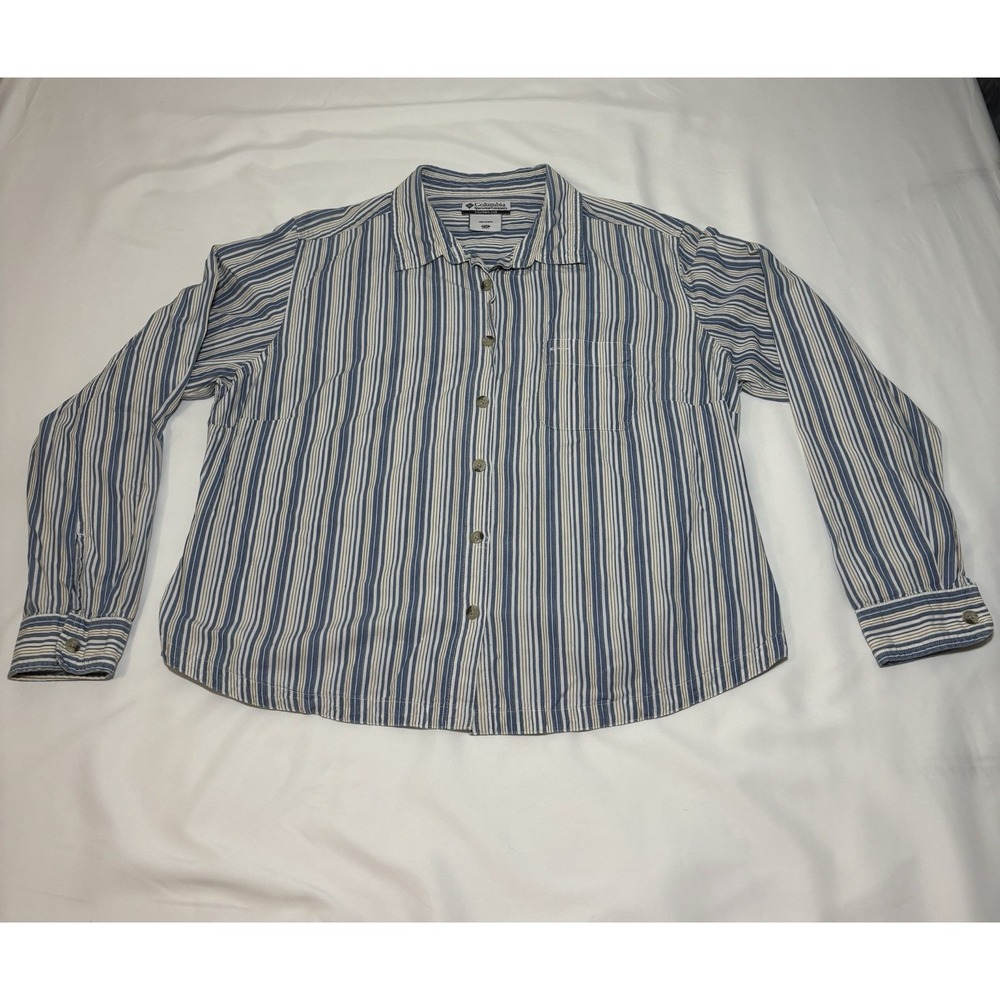 Columbia Women's PXL Striped Long Sleeve Button Up Shirt Pockets Blue White Tan